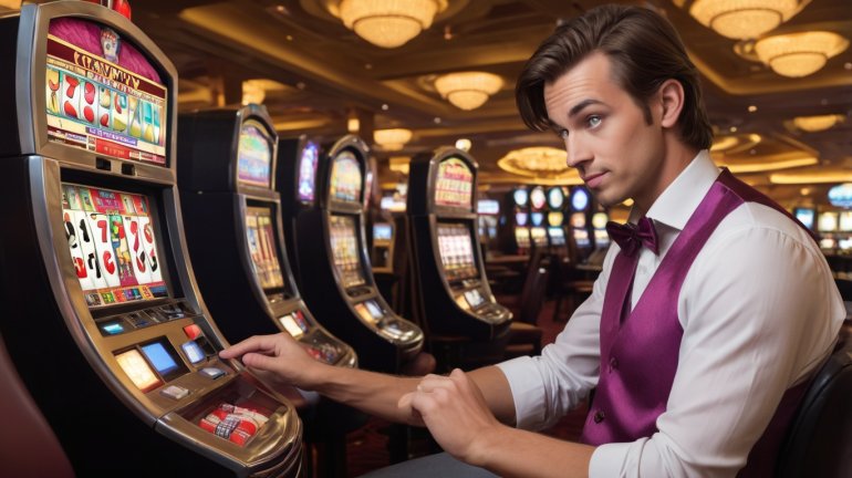 un giocatore d'azzardo imbranato che gioca alle slot machine