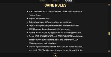 Fury Dragon — Hold&Win: Regole